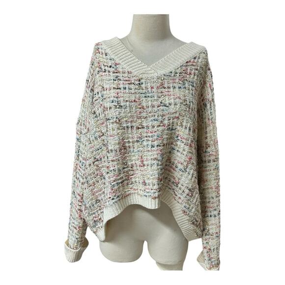Favlux Women’s M V Neck Cream Chunky Knit Oversized Metallic Ribbon Swea… - Picture 1 of 8